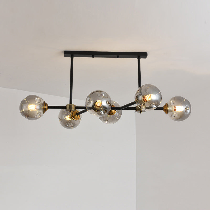 Luce di isola a 6 luci nere in moderno stile a sospensione in ferro battuto in stile creativo con tonalità di vetro