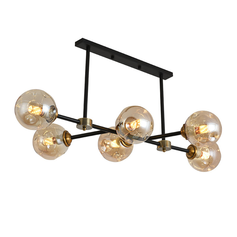 Luce di isola a 6 luci nere in moderno stile a sospensione in ferro battuto in stile creativo con tonalità di vetro