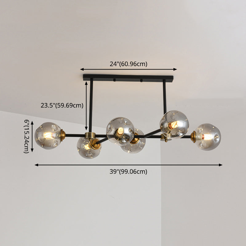 Luce di isola a 6 luci nere in moderno stile a sospensione in ferro battuto in stile creativo con tonalità di vetro