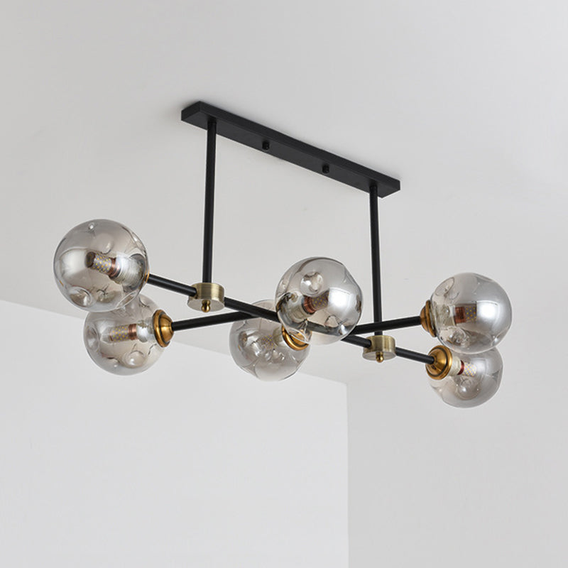 Luce di isola a 6 luci nere in moderno stile a sospensione in ferro battuto in stile creativo con tonalità di vetro