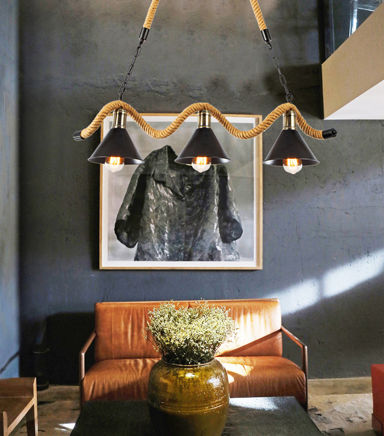 Hemp Rope Industrial Island Lighting Fixtures Linear Black Pendant Lights for Dining Room