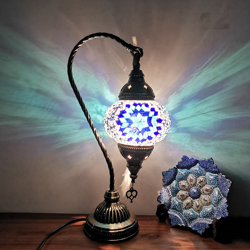 1-Light Gooseneck Table Light Turkish Style Bronze Handcrafted Glass Nightstand Lamp