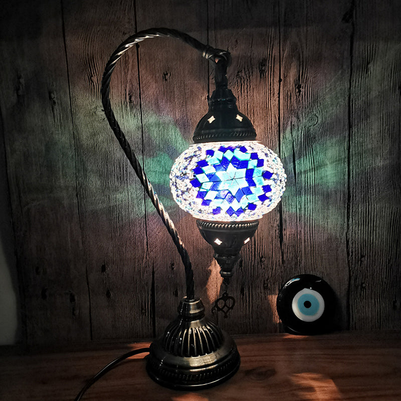 1-Light Gooseneck Table Light Turkish Style Bronze Handcrafted Glass Nightstand Lamp