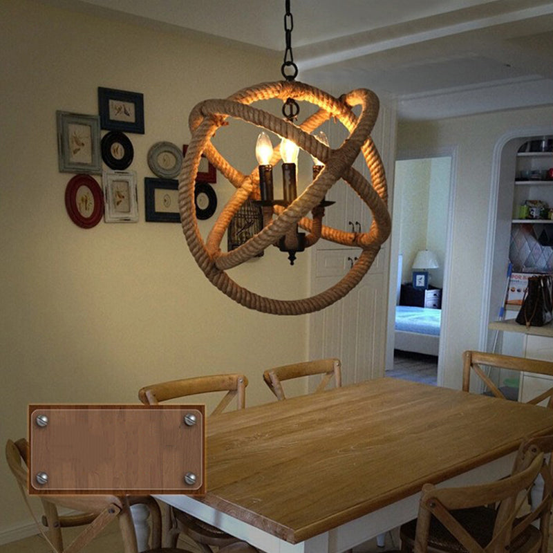 Rope Antique Cage Chandelier 3-Light Hanging Pendant Lights for Dining Room
