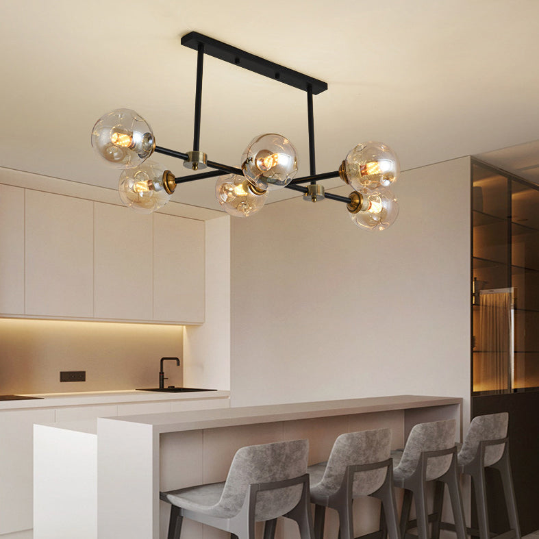 Black 6-Light Island Light in Modern Creative Style Wrought Iron Pendant Light with Glass Shade