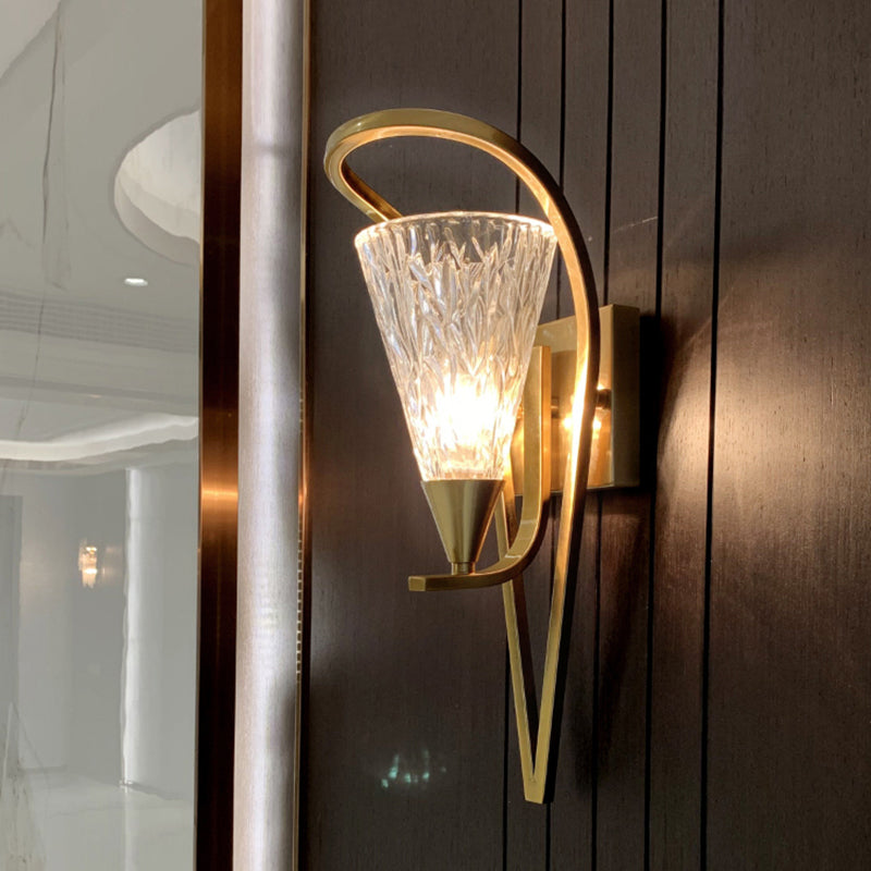 Lámpara de pared de cono de vidrio de agua Vintage 1 cabezal de estar de sala de estar Luz de luz en oro
