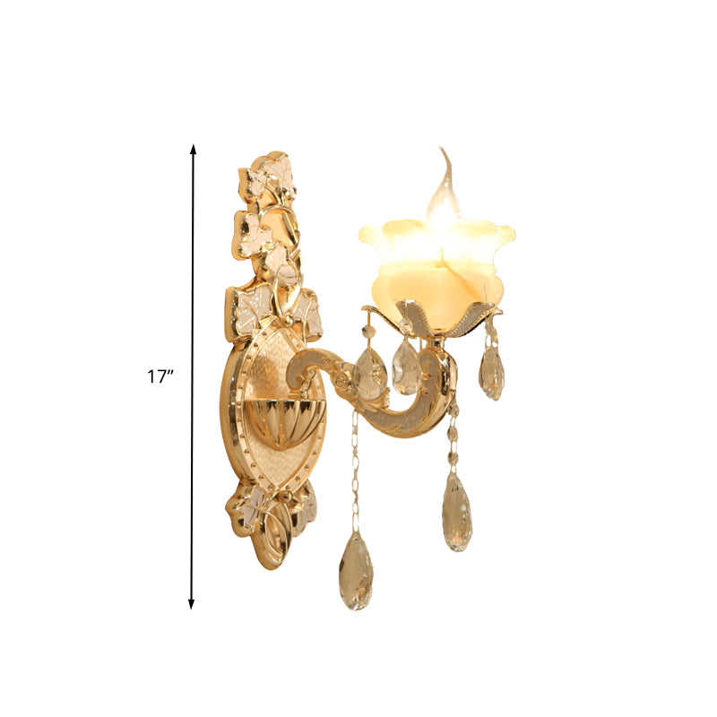 Traditional Candle Wall Mount Lamp 1/2 Heads White Glass Wall Sconce Lighting in Brass with Crystal Draping