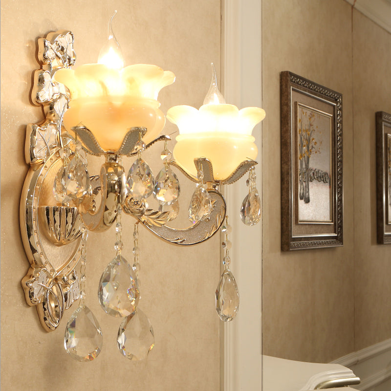 Traditional Candle Wall Mount Lamp 1/2 Heads White Glass Wall Sconce Lighting in Brass with Crystal Draping