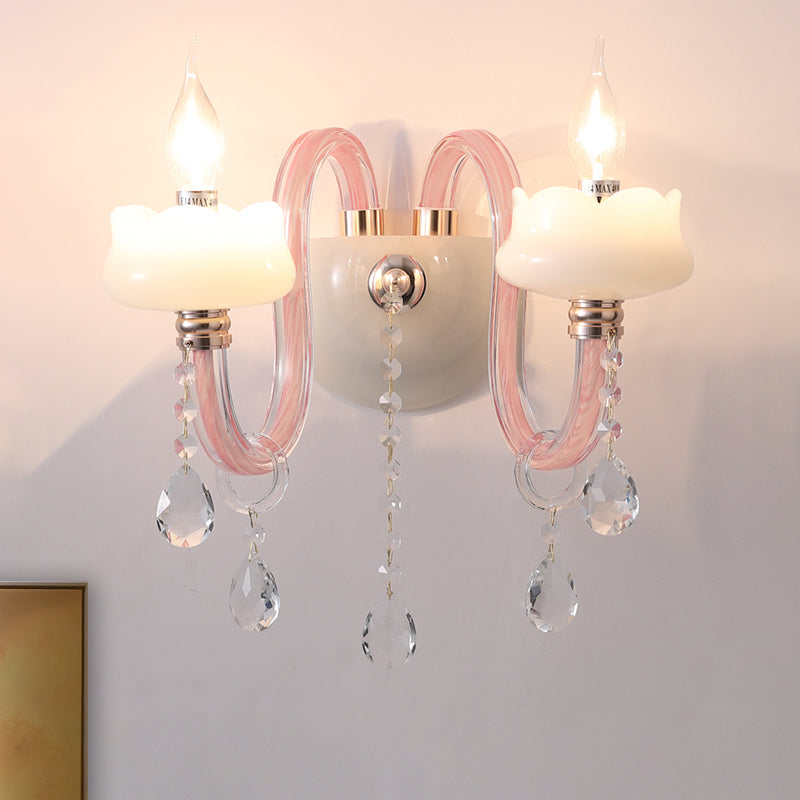 2 Bulbs Crystal Prism Sconce Light Traditional Pink Candelabra Living Room Wall Mounted Lighting