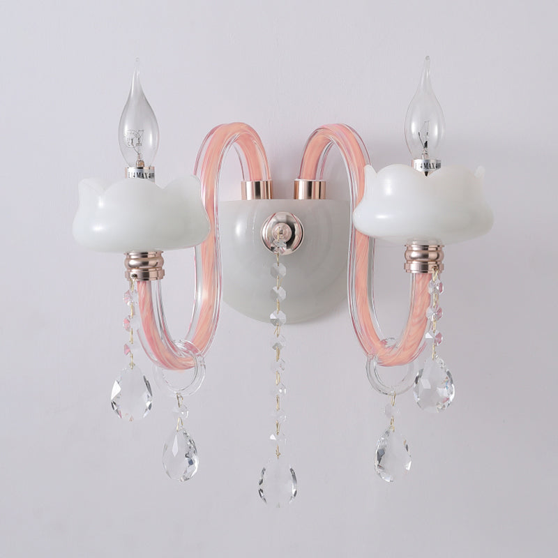 2 Bulbs Crystal Prism Sconce Light Traditional Pink Candelabra Living Room Wall Mounted Lighting