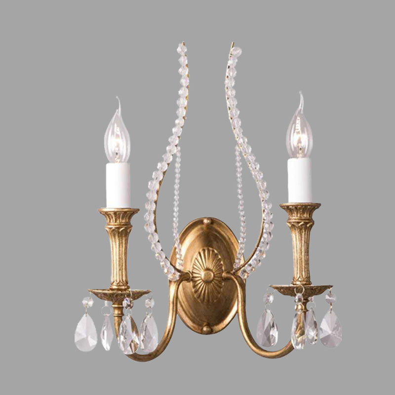 Candlestick Bedroom Sconce Light Rustic Faceted Crystal 1/2 Heads Brass Wall Lighting Fixture