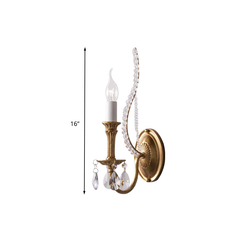 Candlestick Bedroom Sconce Light Rustic Faceted Crystal 1/2 Heads Brass Wall Lighting Fixture