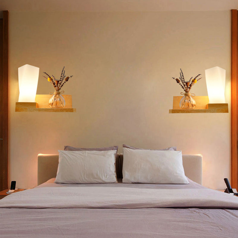 Beige Shaded Wall Sconce Lighting Contemporary Style Wood Wall Mount Light Fixture