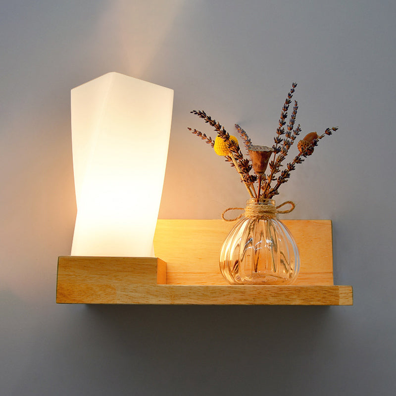 Beige Shaded Wall Sconce Lighting Contemporary Style Wood Wall Mount Light Fixture