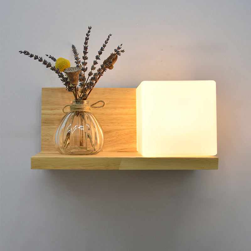 Beige Shaded Wall Sconce Lighting Contemporary Style Wood Wall Mount Light Fixture