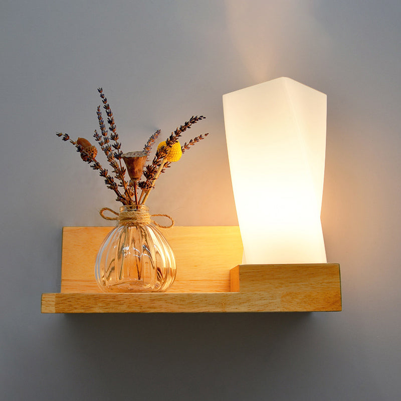 Beige Shaded Wall Sconce Lighting Contemporary Style Wood Wall Mount Light Fixture