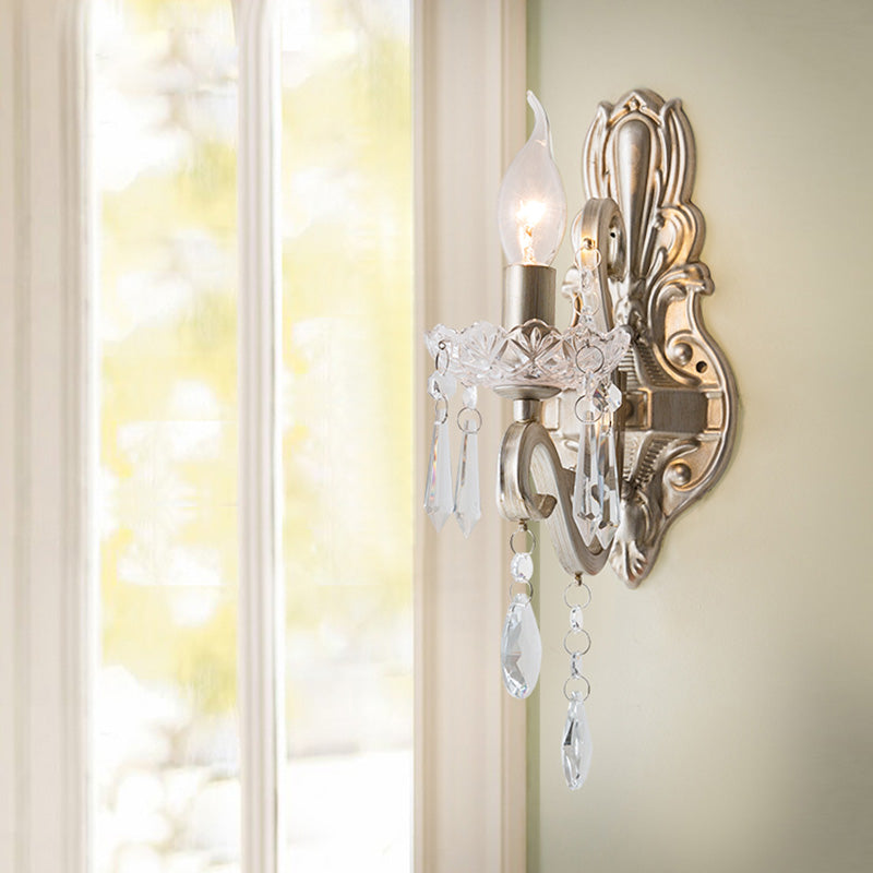 Crystal Candlestick Wall Mounted Lamp Retro 1/2 Bulbs Living Room Sconce Light Fixture in Silver