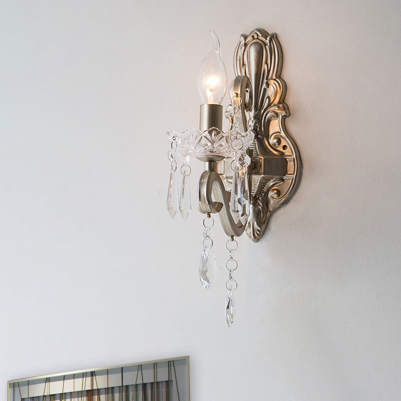 Crystal Candlestick Wall Mounted Lamp Retro 1/2 Bulbs Living Room Sconce Light Fixture in Silver