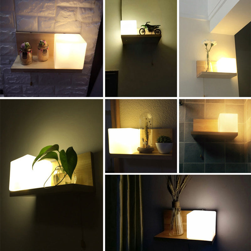 Illuminazione a parete quadrata in stile nordico lampada da parete camera da letto in legno in beige