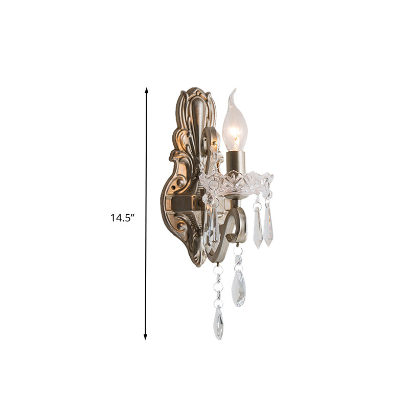 Crystal Candlestick Wall Mounted Lamp Retro 1/2 Bulbs Living Room Sconce Light Fixture in Silver
