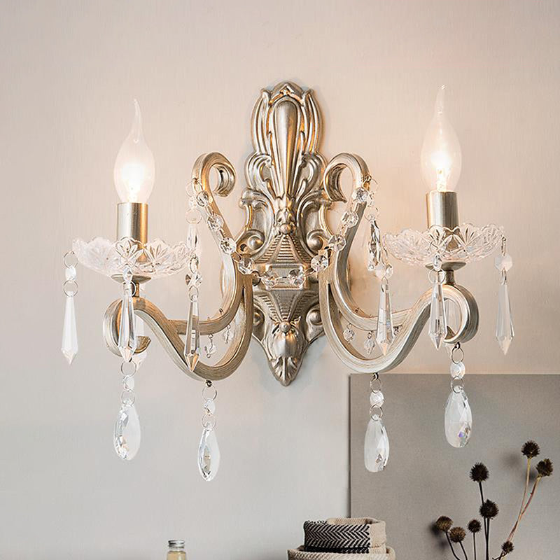 Crystal Candlestick Wall Mounted Lamp Retro 1/2 Bulbs Living Room Sconce Light Fixture in Silver