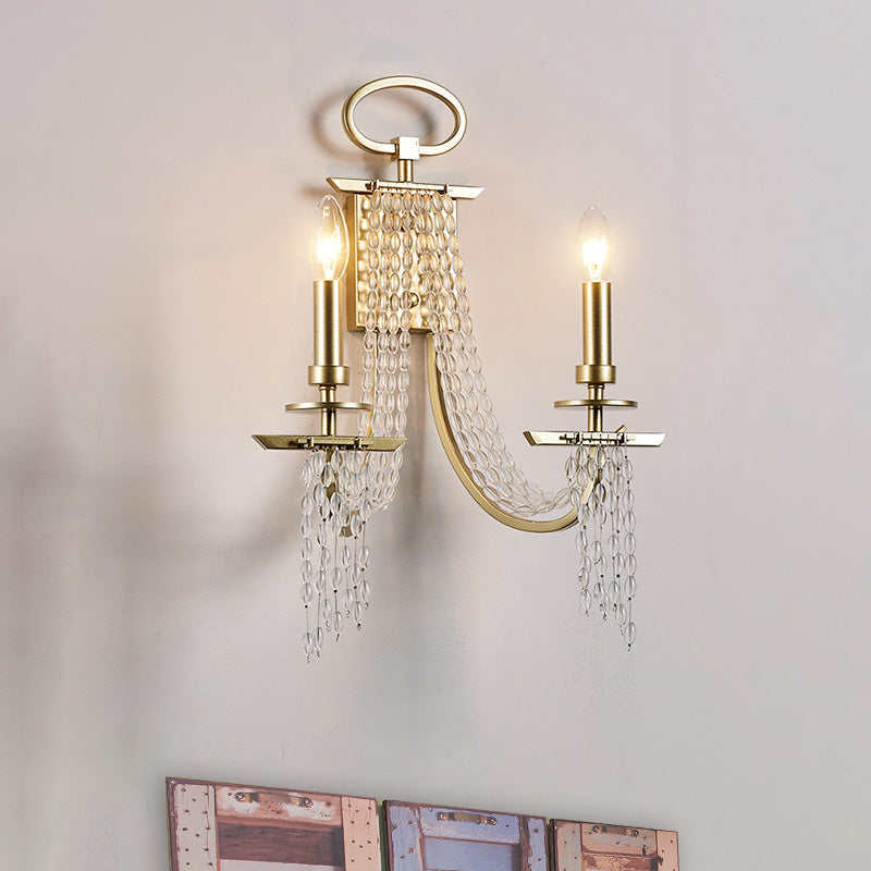 Rustic Candle Wall Mount Lamp 2 Lights Crystal Wall Sconce Lighting in Gold for Dining Room