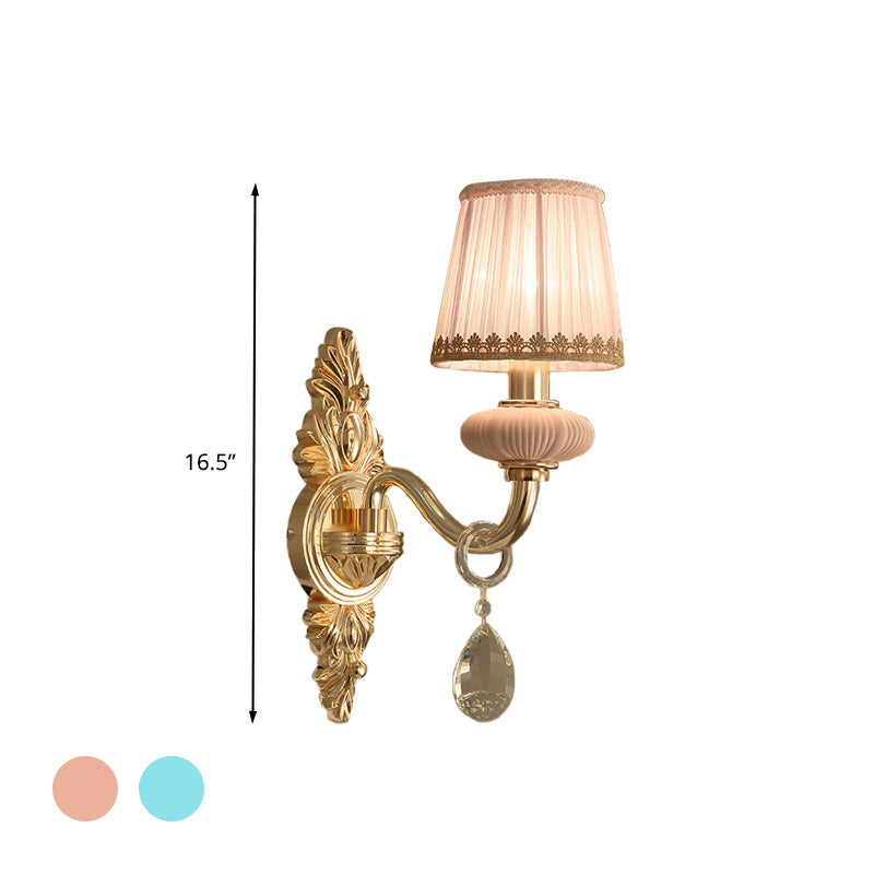 Barrel Bedroom Wall Light Sconce Traditional Fabric 1/2 Heads Pink/Blue Wall Lighting Fixture with Crystal Accent