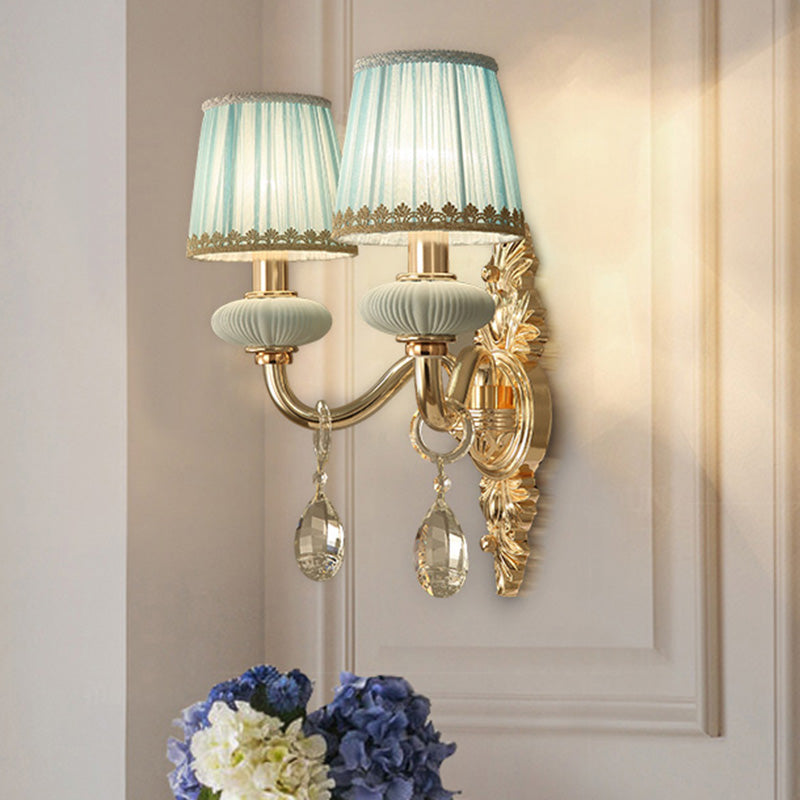Barrel Bedroom Wall Light Sconce Traditional Fabric 1/2 Heads Pink/Blue Wall Lighting Fixture with Crystal Accent