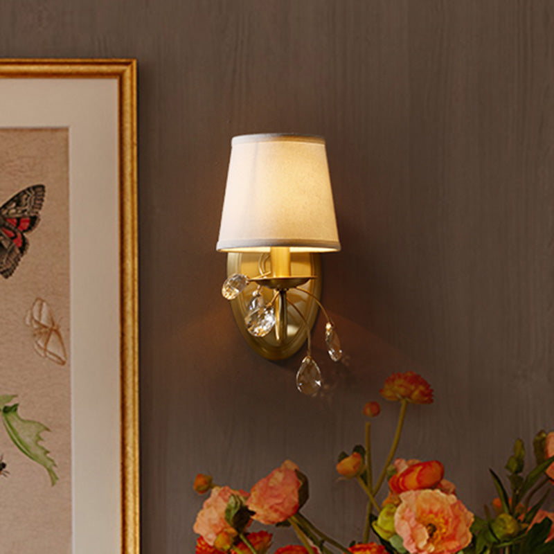 Conical Bedroom Wall Light Sconce Traditional Faceted Crystal 1 Head Brass Wall Lighting Fixture with White Fabric Shade