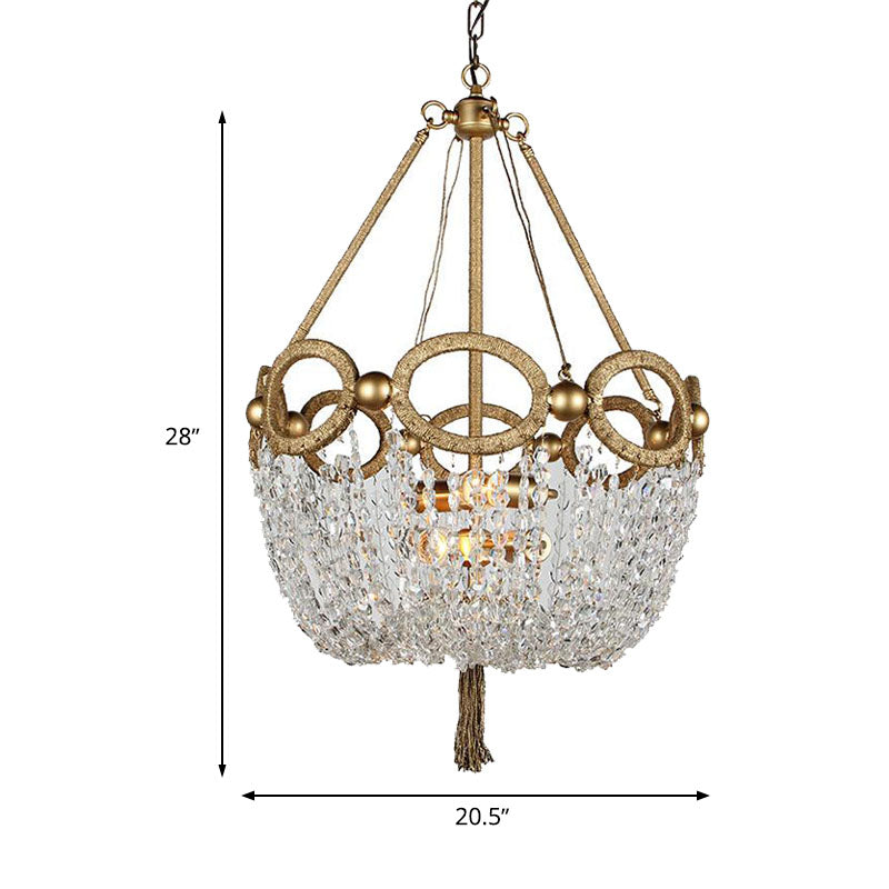 Simple Basket Chandelier Light Fixture 4 Lights Crystal Pendant Lighting in Gold for Living Room