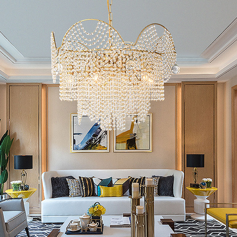 7 Lights Chandelier Lighting Rural Layered Crystal Hanging Pendant Light in Gold for Living Room