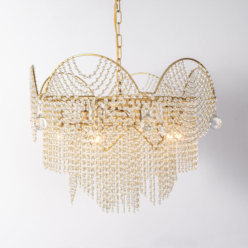 7 Lights Chandelier Lighting Rural Layered Crystal Hanging Pendant Light in Gold for Living Room