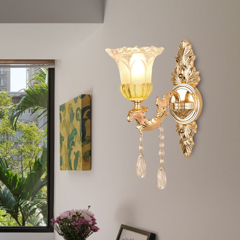 1/2 Heads Frosted Glass Wall Sconce Traditionalist Gold Flower Living Room Wall Mounted Light with Crystal Draping