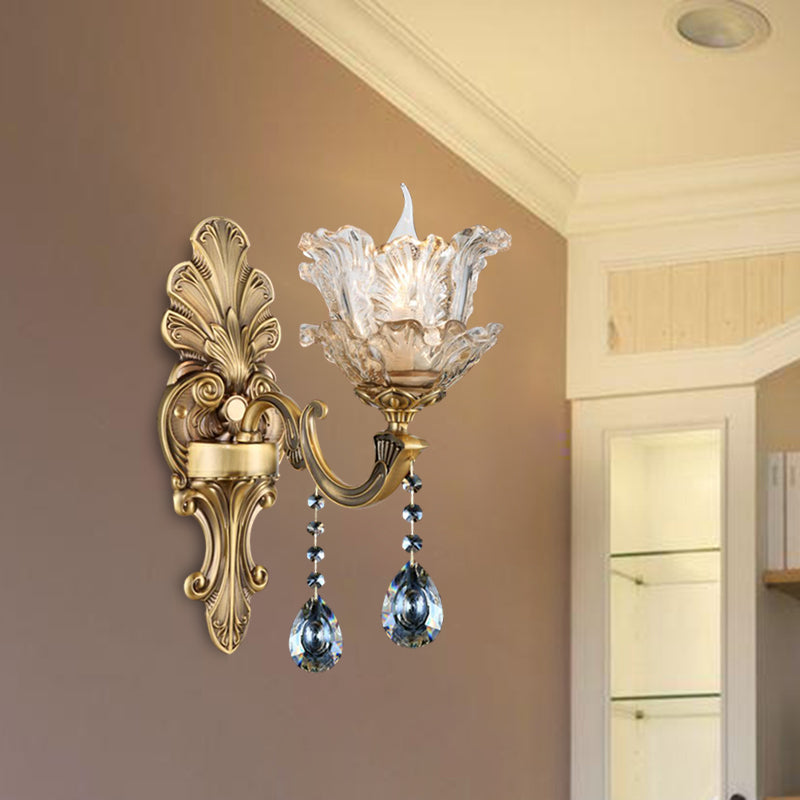 Brass Curved Arm Metal Sconce Retro Faceted Crystal 1/2 Lights Living Room Wall Sconce Lighting