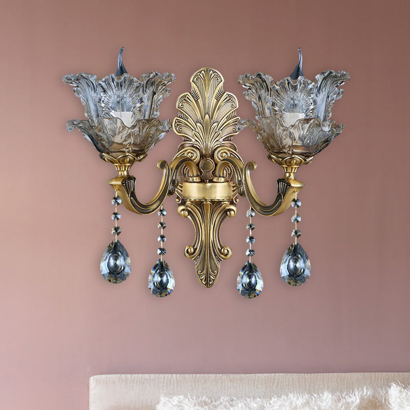 Brass Curved Arm Metal Sconce Retro Faceted Crystal 1/2 Lights Living Room Wall Sconce Lighting
