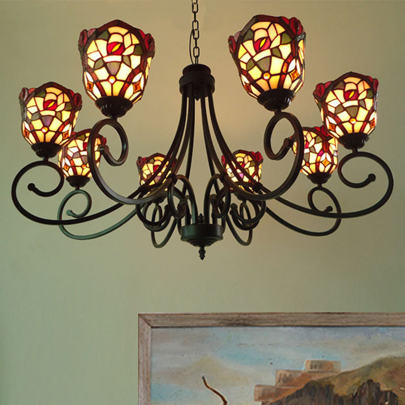Cut Glass Arched Chandelier Lighting Fixture Victorian 8 Lights Red/Yellow/Dark Red Pendant Lamp for Living Room
