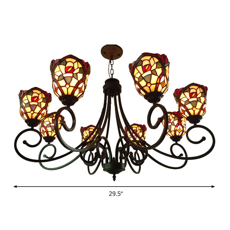 Cut Glass Arched Chandelier Lighting Fixture Victorian 8 Lights Red/Yellow/Dark Red Pendant Lamp for Living Room