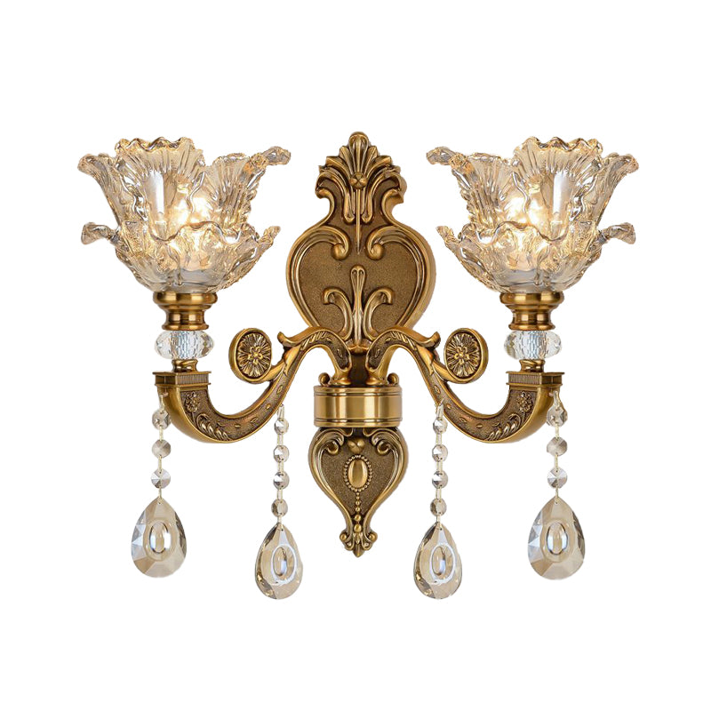 1/2 Bulbs Wall Light Sconce Traditional Living Room Wall Lighting Fixture with Blossom Water Glass Shade in Brass