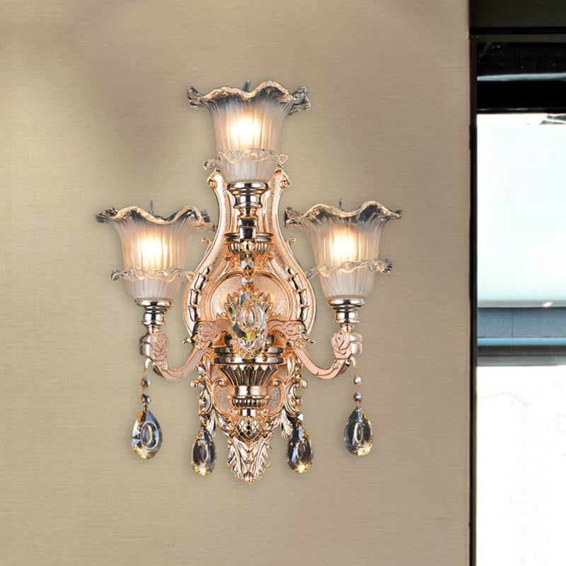 Frosted Glass Gold Wall Lamp Floral 3 Bulbs Traditionalist Wall Lighting Fixture with Crystal Accent for Restaurant