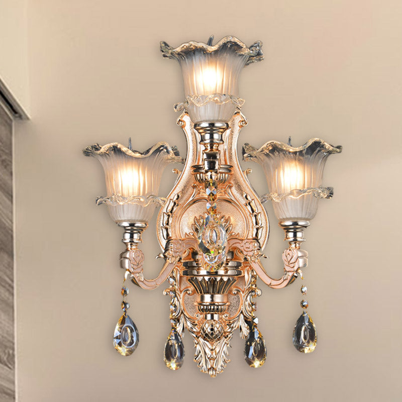 Frosted Glass Gold Wall Lamp Floral 3 Bulbs Traditionalist Wall Lighting Fixture with Crystal Accent for Restaurant