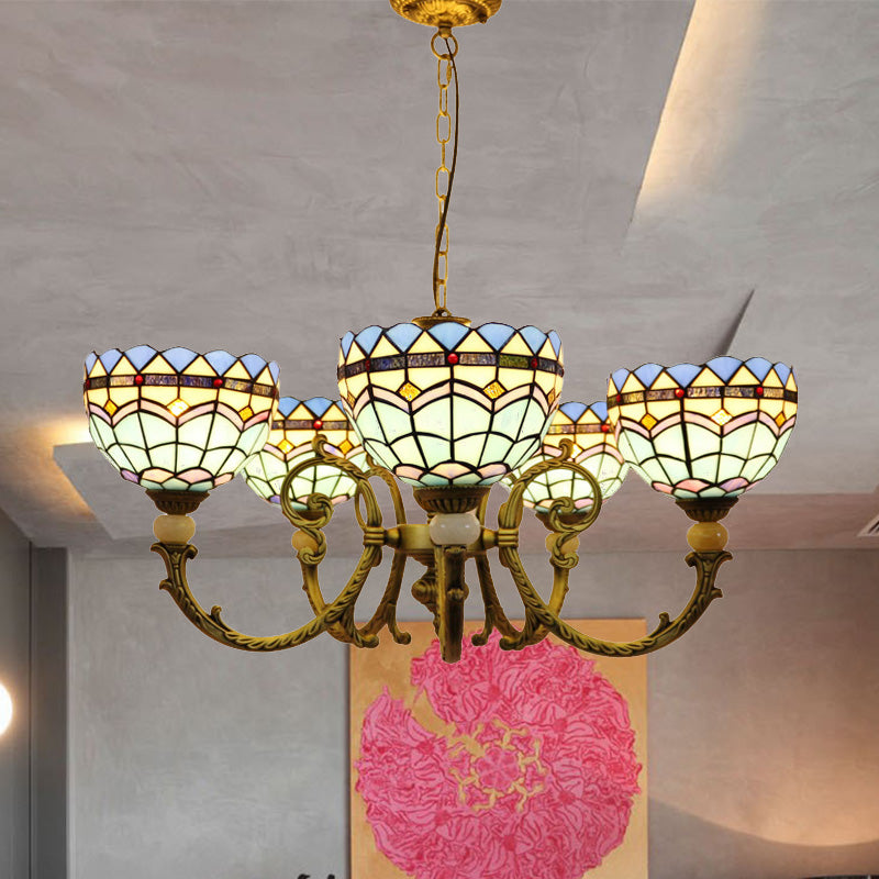 Iluminación de araña de cúpula mediterránea 5 luces colgante de caída de vidrio manchado en naranja/azul para sala de estar
