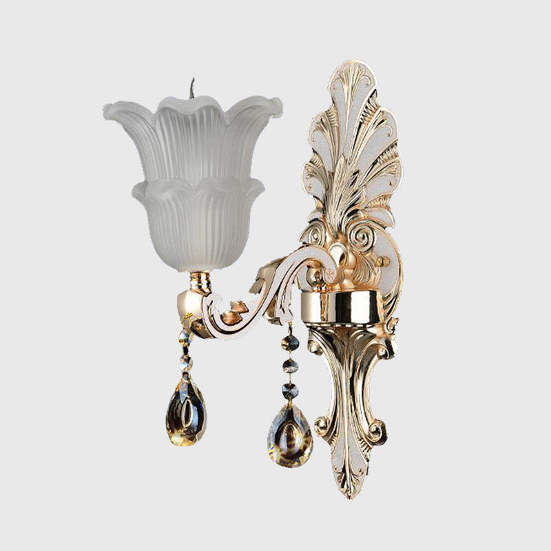 Lámpara de montaje de pared de floración tradicional 1/2 cabezas de cristal transparente de vidrio LED LIGHT en oro