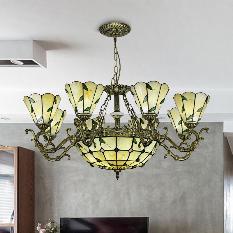 Beige Glass Green Chandelier Leaf 5/9/11 Lights Baroque Suspension Lighting Fixture for Kitchen