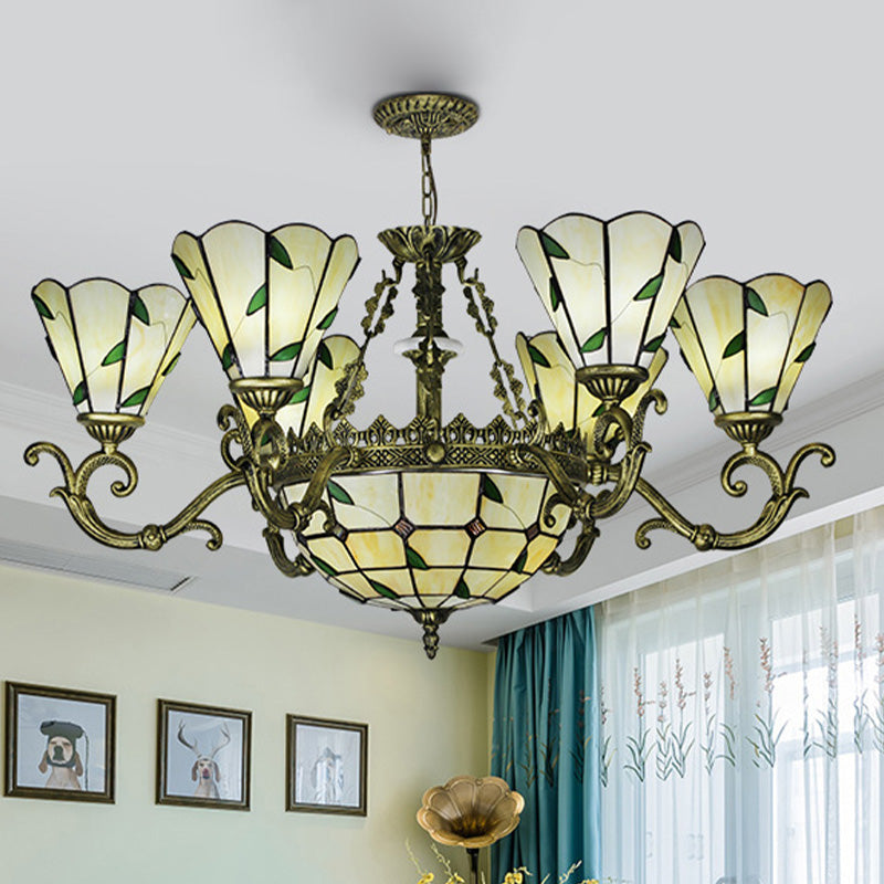 Beige Glass Green Chandelier Leaf 5/9/11 Lights Baroque Suspension Lighting Fixture for Kitchen