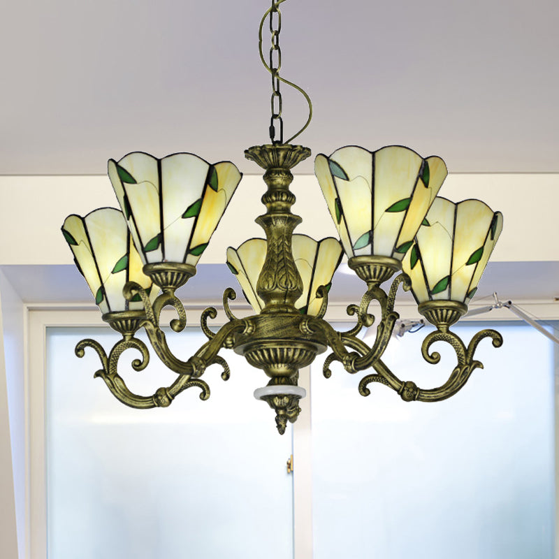 Beige Glass Green Chandelier Leaf 5/9/11 Lights Baroque Suspension Lighting Fixture for Kitchen