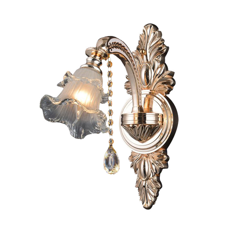 1/2 Lights Crystal Wall Sconce Traditionalist Gold Flower Living Room Wall Mounted Light