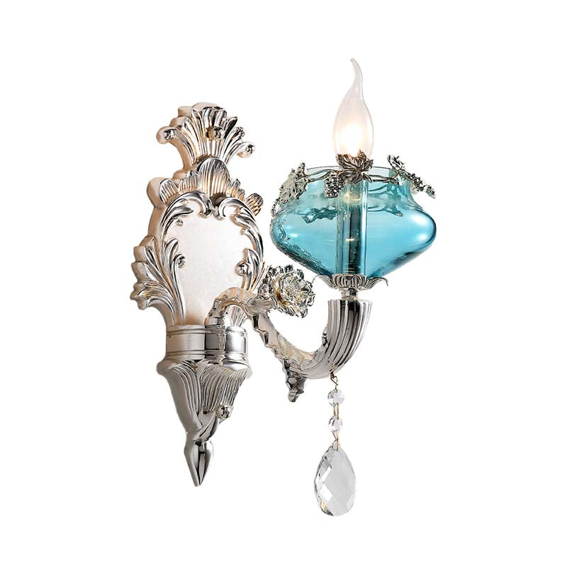 Candela da letto SCONCE Light Antique Blue Glass 1/2 Teste da parete cromata Apparecchiatura con accento di cristallo penzolante