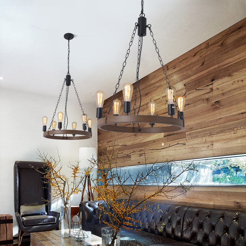 Antique Wood Hanging Pendant Lights Industrial 6-Lights Hanging Lights for Bar