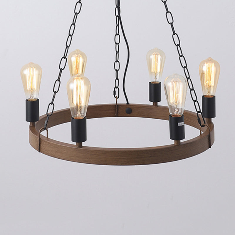Antique Wood Hanging Pendant Lights Industrial 6-Lights Hanging Lights for Bar