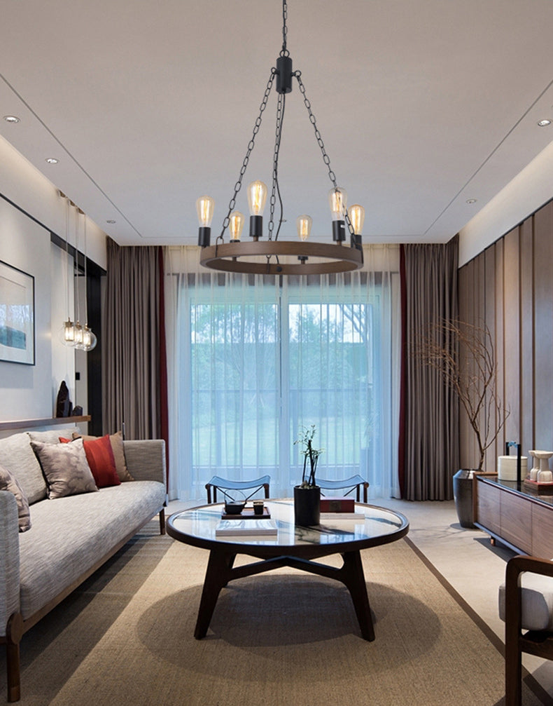 Antique Wood Hanging Pendant Lights Industrial 6-Lights Hanging Lights for Bar